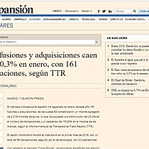 Las fusiones y adquisiciones caen un 20,3% en enero, con 161 operaciones, segn TTR